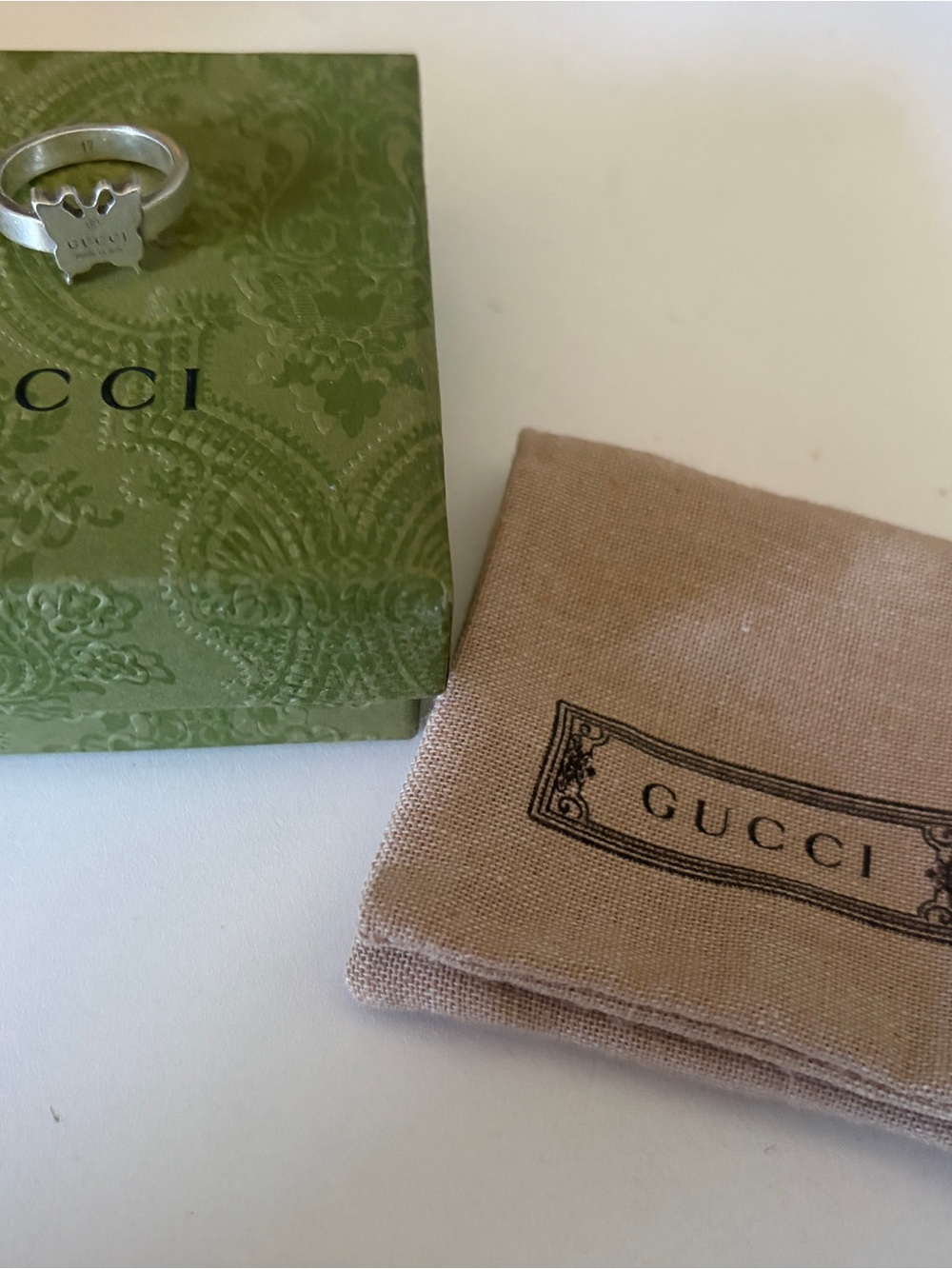 Gucci Silver 'Made in Italy' Butterfly Ring with original packaging
